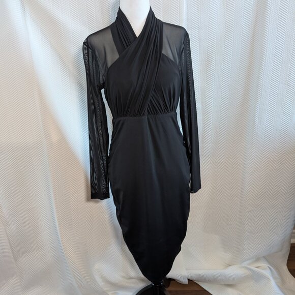 Bardot Black Mesh & Wrap Bodycon Dress Halter-Inspired Bodice Ruched Size 8/M - Picture 1 of 13
